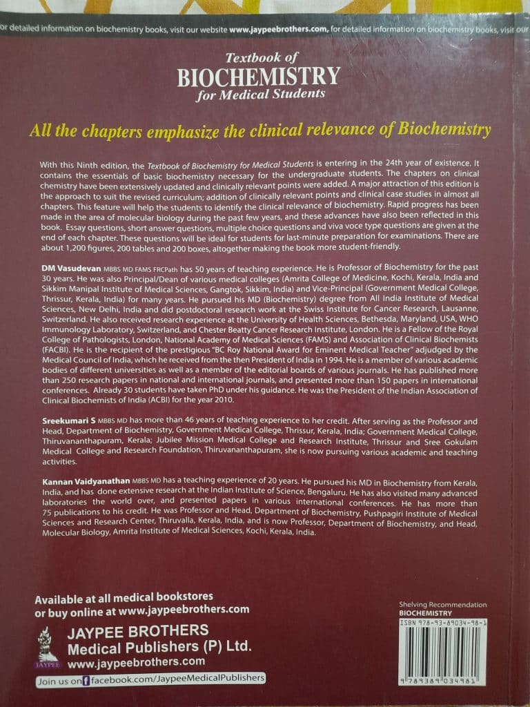 DM Vasudevan Textbook of Biochemistry 9th edition photo 2